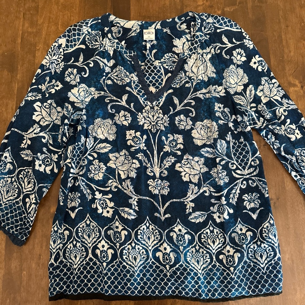 Bila‎ Blouse Top Floral India Blue M Medium Bohemian Boho Peasant Art to Wear